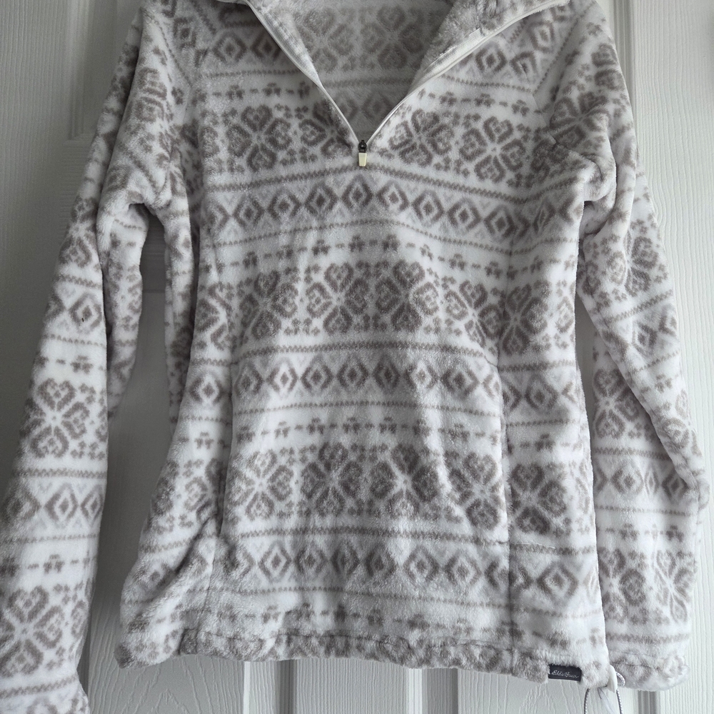 Eddie Bauer Patterned Fleece Pullover 1/4 Zip Gray White Cozy Jacket Size S